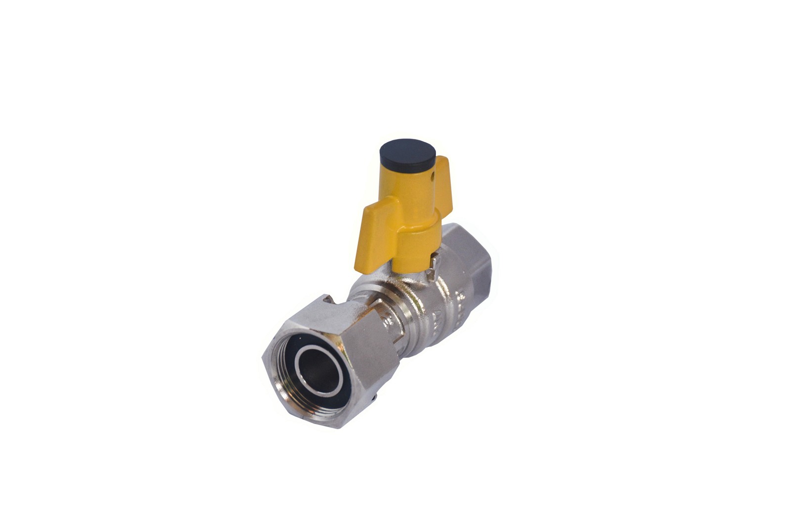 Valvula de Bola 1/2" NPTm, X M26 x1.5  Recubrimiento en Níquel, maneral tipo Mariposa de Seguridad.